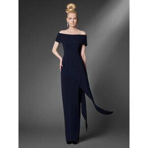 Tom & Linda Platt 4 Matte Crepe Cuff Top Peplum Gown Black 1621 Off Shoulder